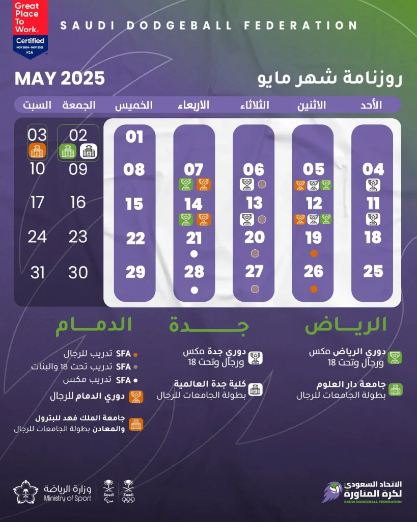 🗓️ جدول فعاليات الاتحاد السعودي لـ #كرة_المناورة خلال شهر مايو 2025🤾 #dodgeball