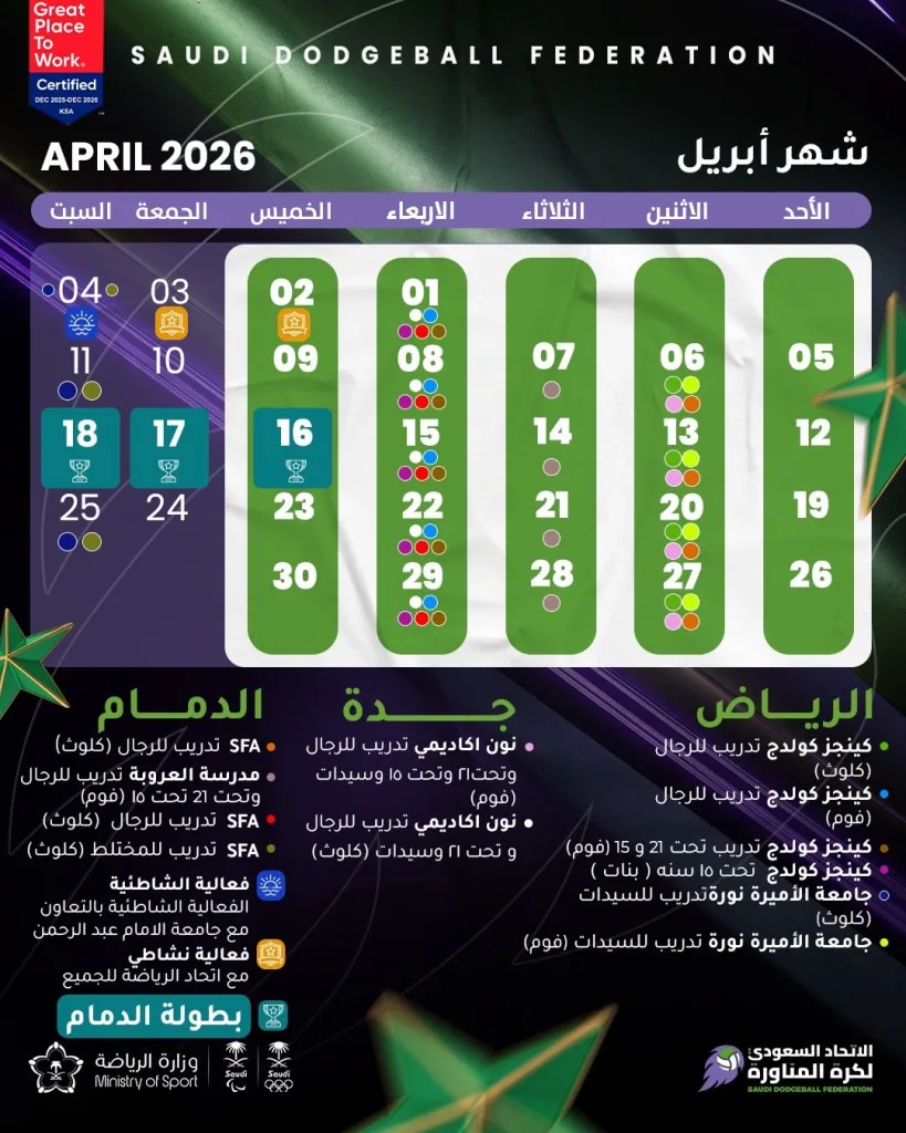 🗓️ جدول فعاليات الاتحاد السعودي لـ #كرة_المناورة خلال شهر ابريل 2026🤾 #dodgeball