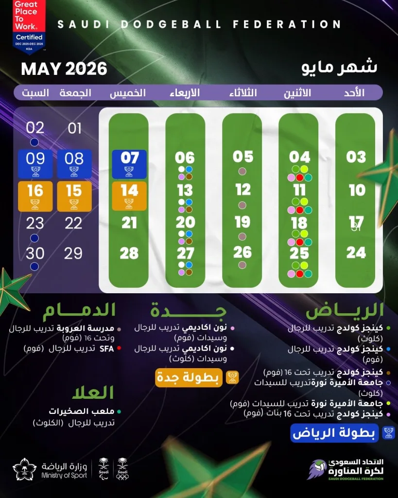 🗓️ جدول فعاليات الاتحاد السعودي لـ #كرة_المناورة خلال شهر مايو 2026🤾 #dodgeball