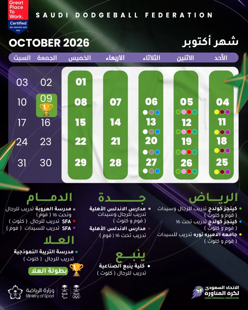 ‏🗓️ جدول فعاليات الاتحاد السعودي لـ #كرة_المناورة خلال شهر أكتوبر 2026🤾